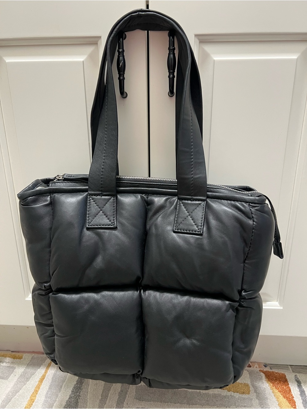 Genuine leather Quilted Puffy Tote Bag in Black